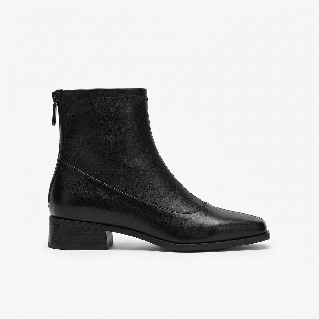 Square Toe Heeled Boots, Low Block Heel Back Zip Fit