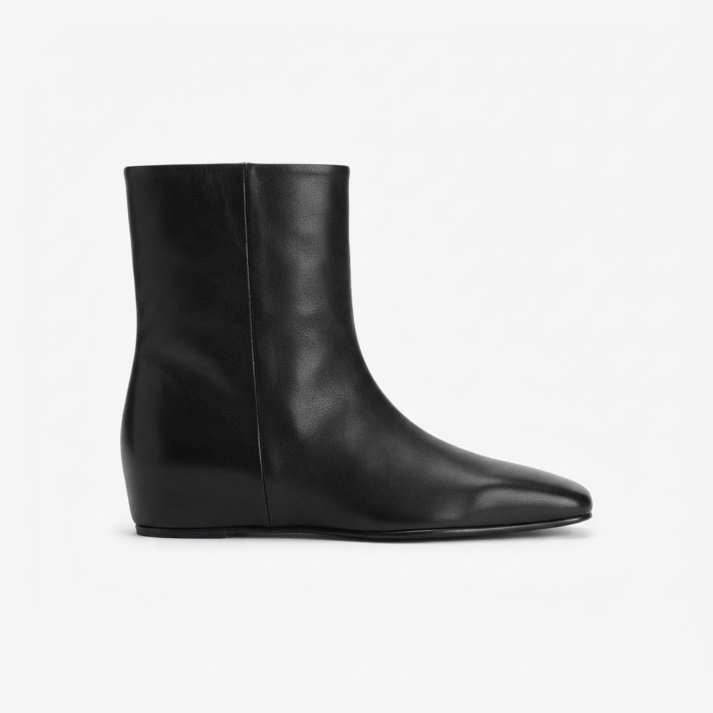 Square Toe Leather Ankle Boots, Concealed Wedge Heel