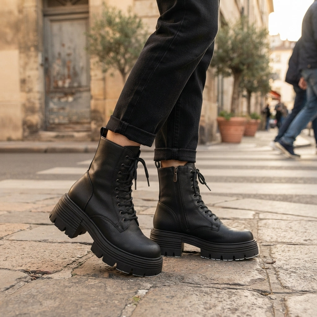 Faux Leather Platform Combat Boots, Lace-Up Lug Sole