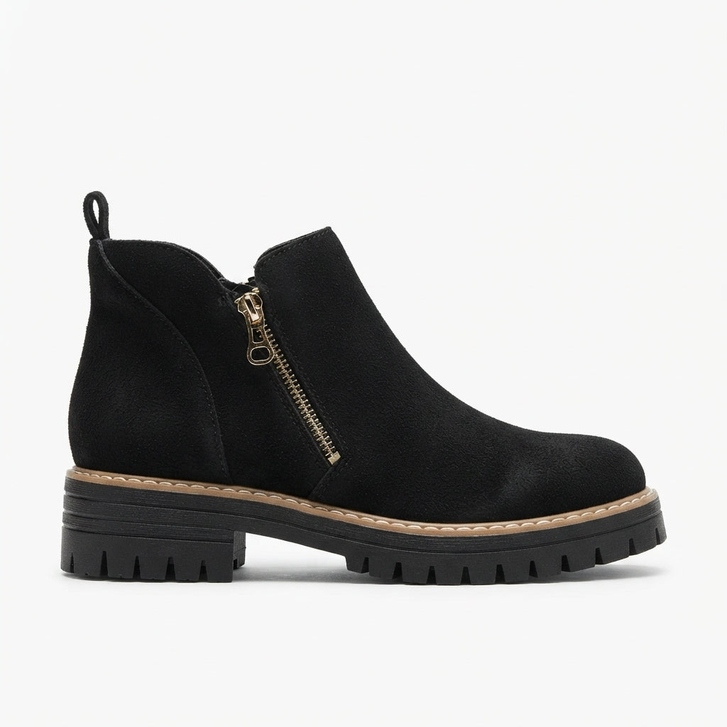 Suede Side Zip Ankle Boots, Chunky Lug Sole Low Heel