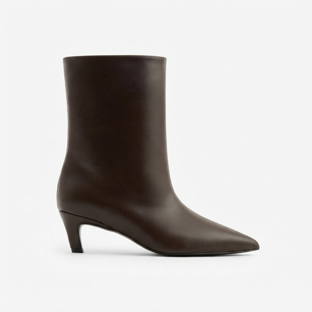 Leather Kitten Heel Ankle Boots, Smooth Sleek Pointed Toe