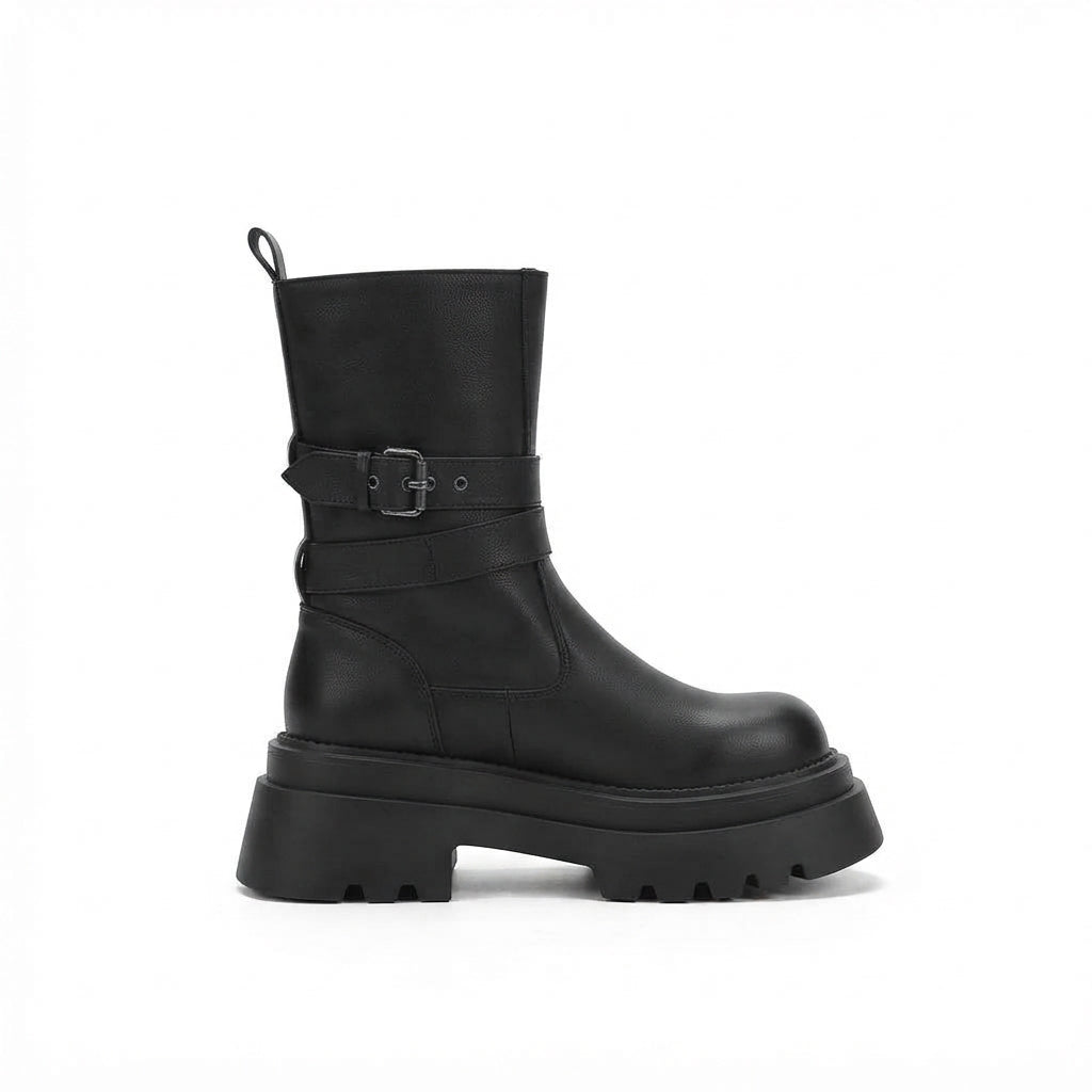 Platform Biker Boots with Double Buckle Ankle Straps