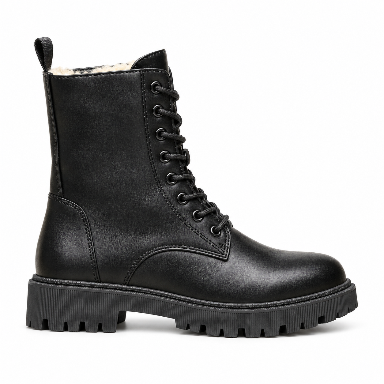 Fleece Lined Combat Boots, Lace Up Chunky Lug Sole