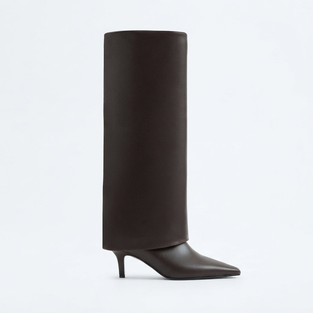 Leather Knee High Boots, Pointed Toe Slim Kitten Heel