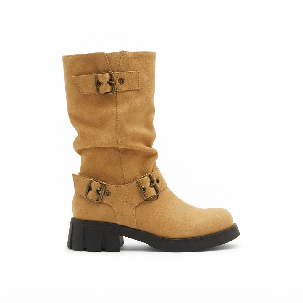 Buckle Strap Biker Boots, Chunky Lug Sole Cushioned