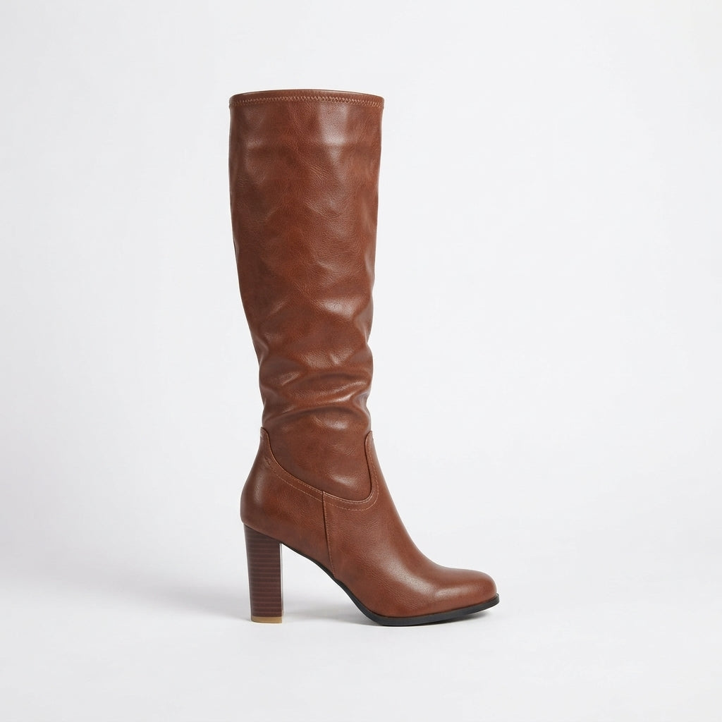 Platform Knee High Boots, Leather Look with Block Heel