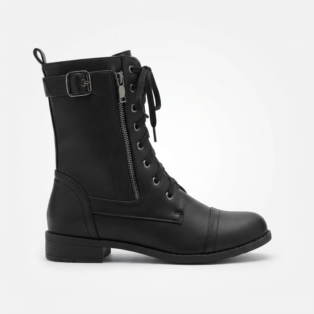 Lace Up Combat Ankle Boots, Side Zip Low Block Heel