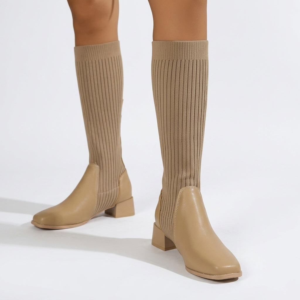 Knee High Sock Boots, Ribbed Knit Shaft Block Heel