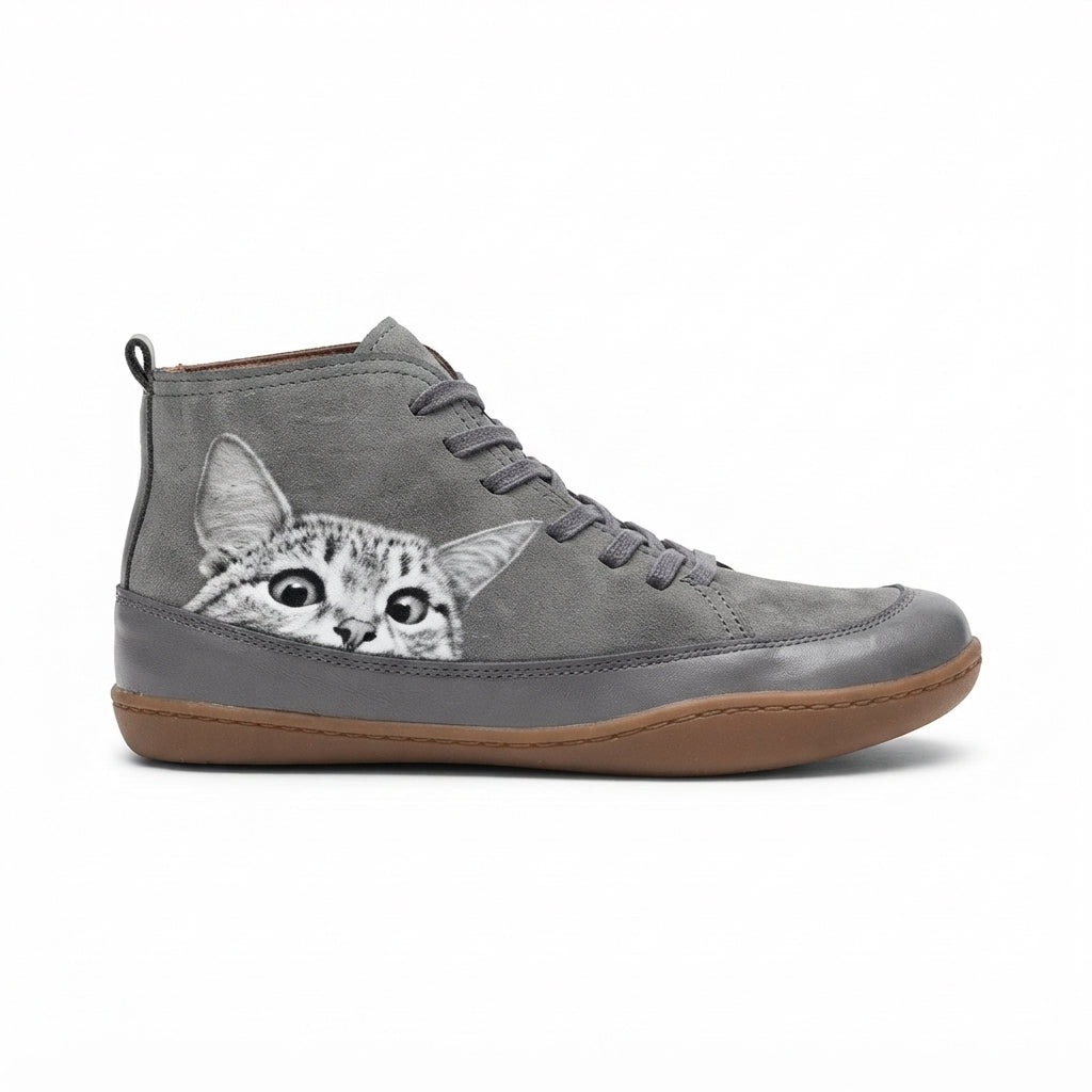 Cat Print Ankle Boots, Plush Lined Cushioned Insole