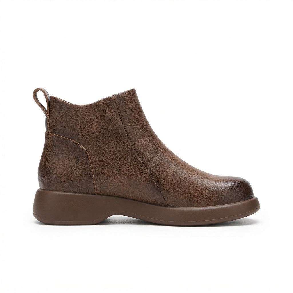 Leather Ankle Boots with Side Zip, Round Toe Mid Heel