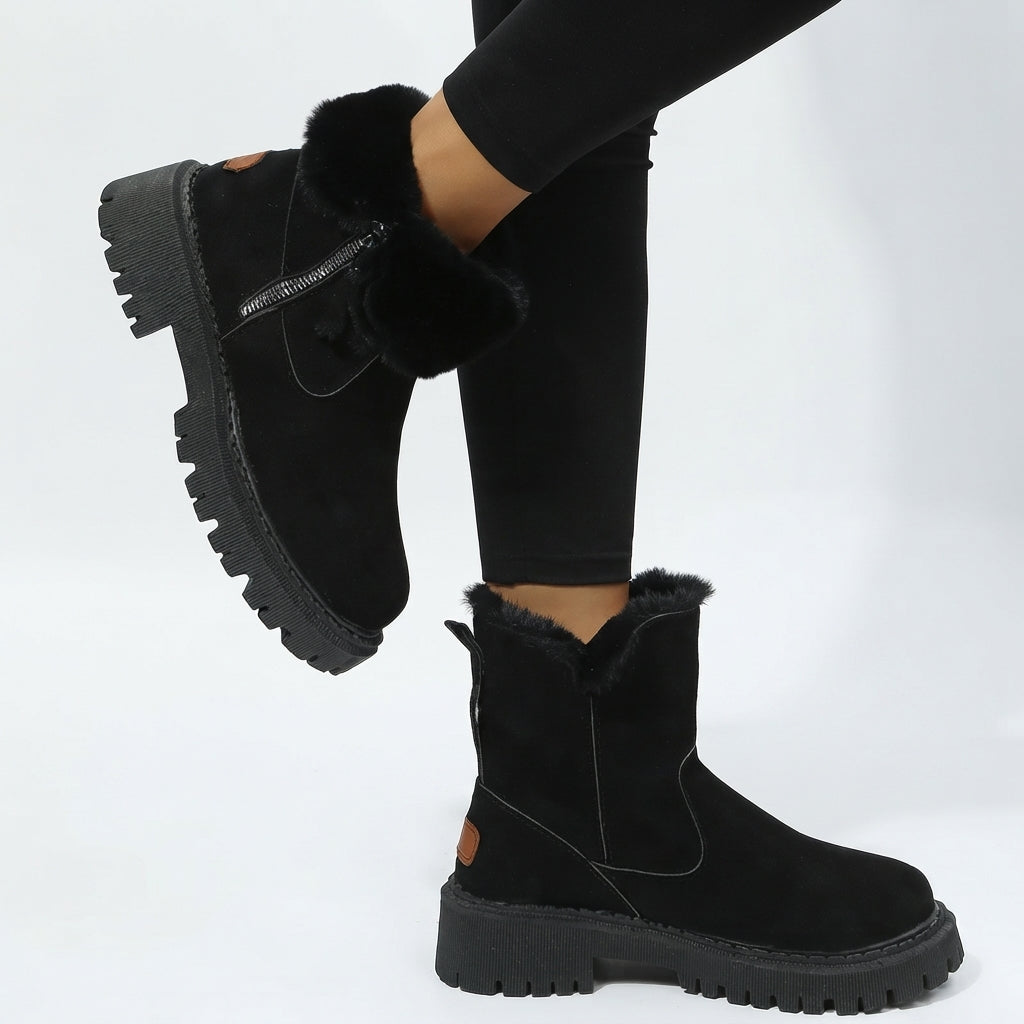 Faux Fur Trim Snow Boots, Side Zip and Lug Grip Sole