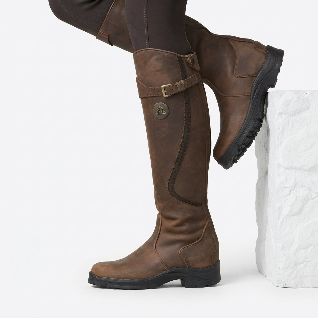 Knee High Leather Riding Boots, Buckle Strap Shaft