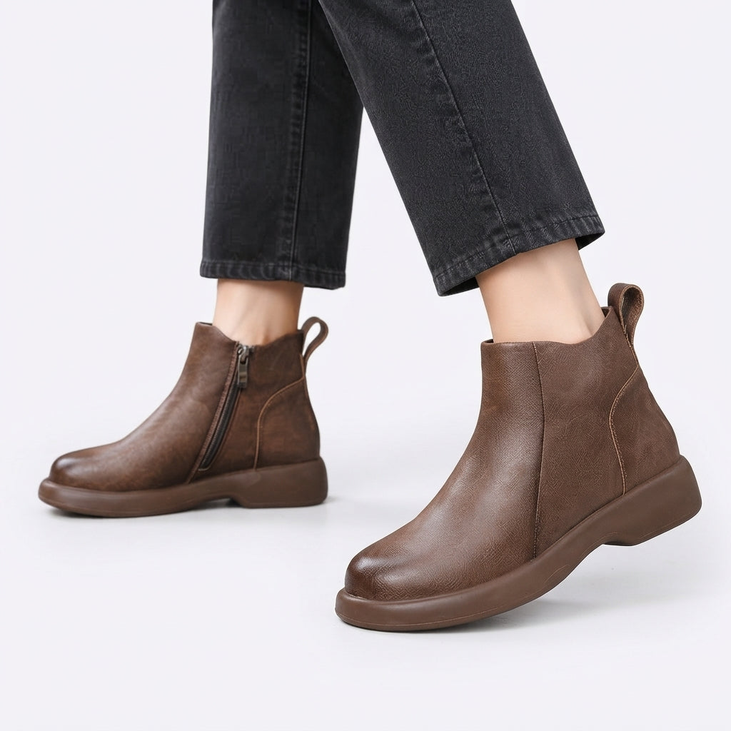Leather Ankle Boots with Side Zip, Round Toe Mid Heel