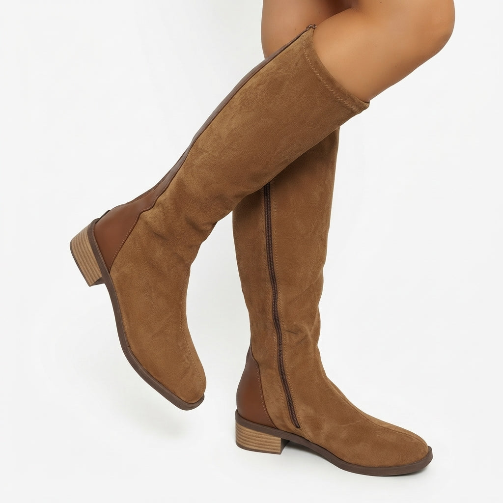 Suede Look Knee High Boots, Low Block Heel Side Zip