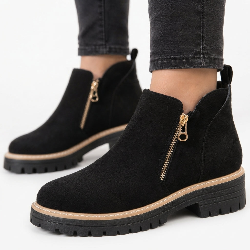 Suede Side Zip Ankle Boots, Chunky Lug Sole Low Heel