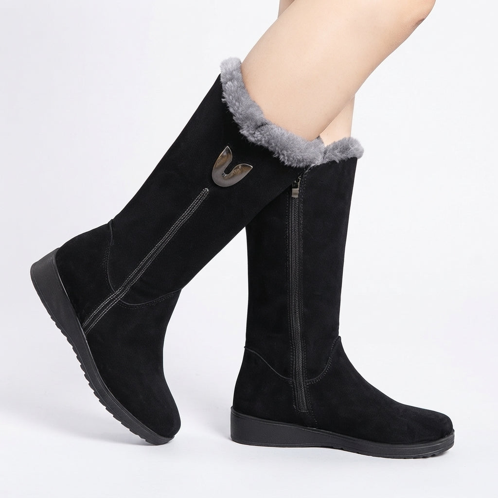 Fur Lined Knee High Boots, Side Zip Warm Tall Shaft