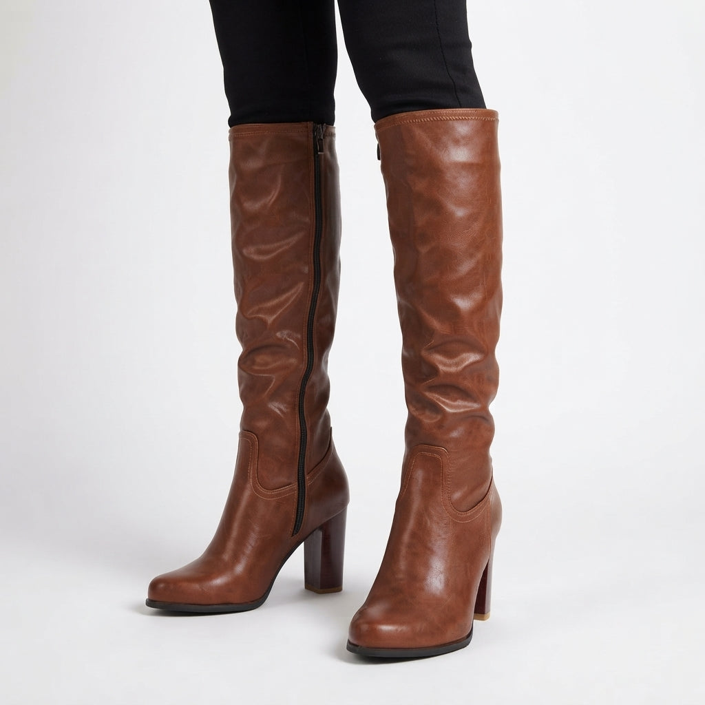 Platform Knee High Boots, Leather Look with Block Heel