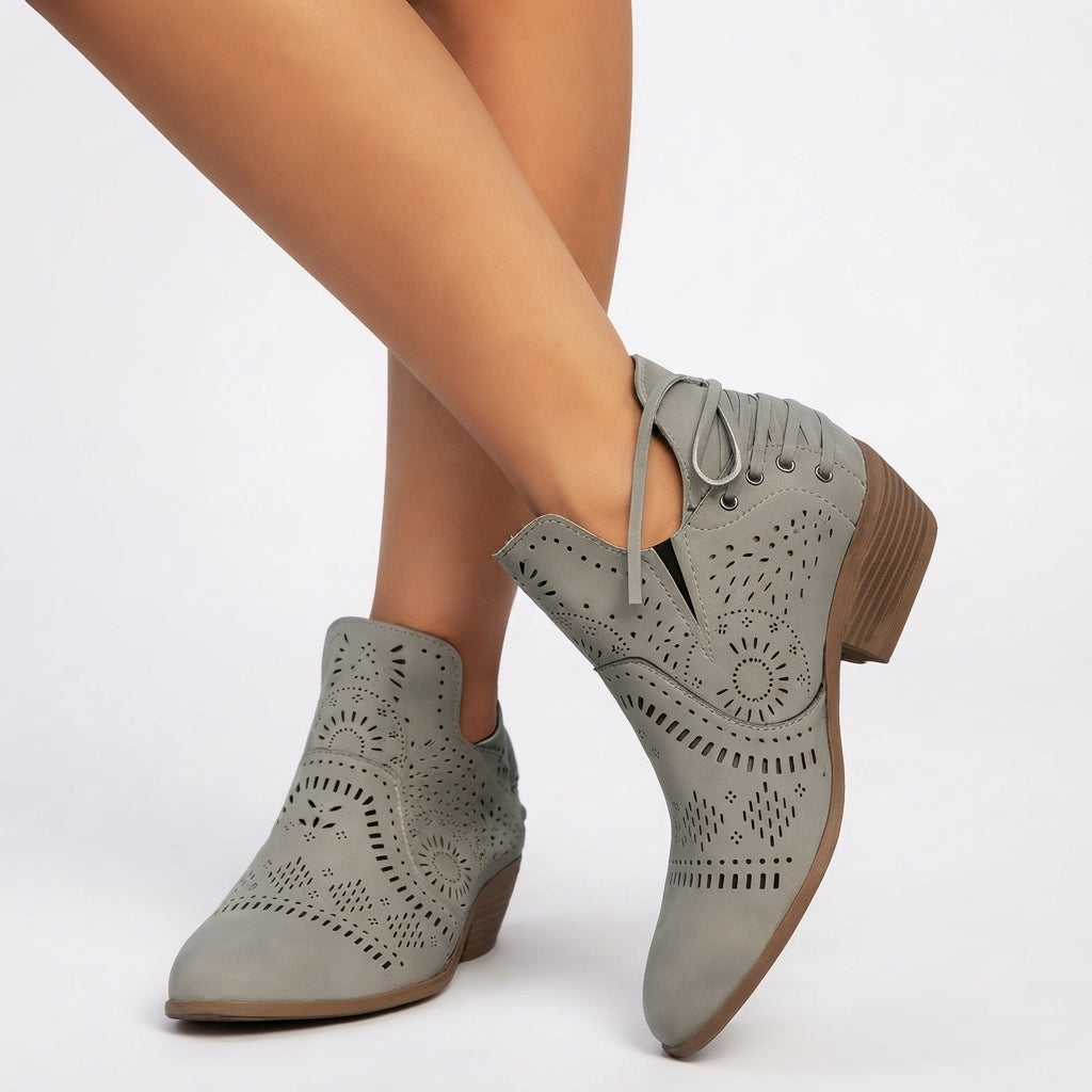 Cutout Ankle Boots, Low Block Heel Laser Cut Detail