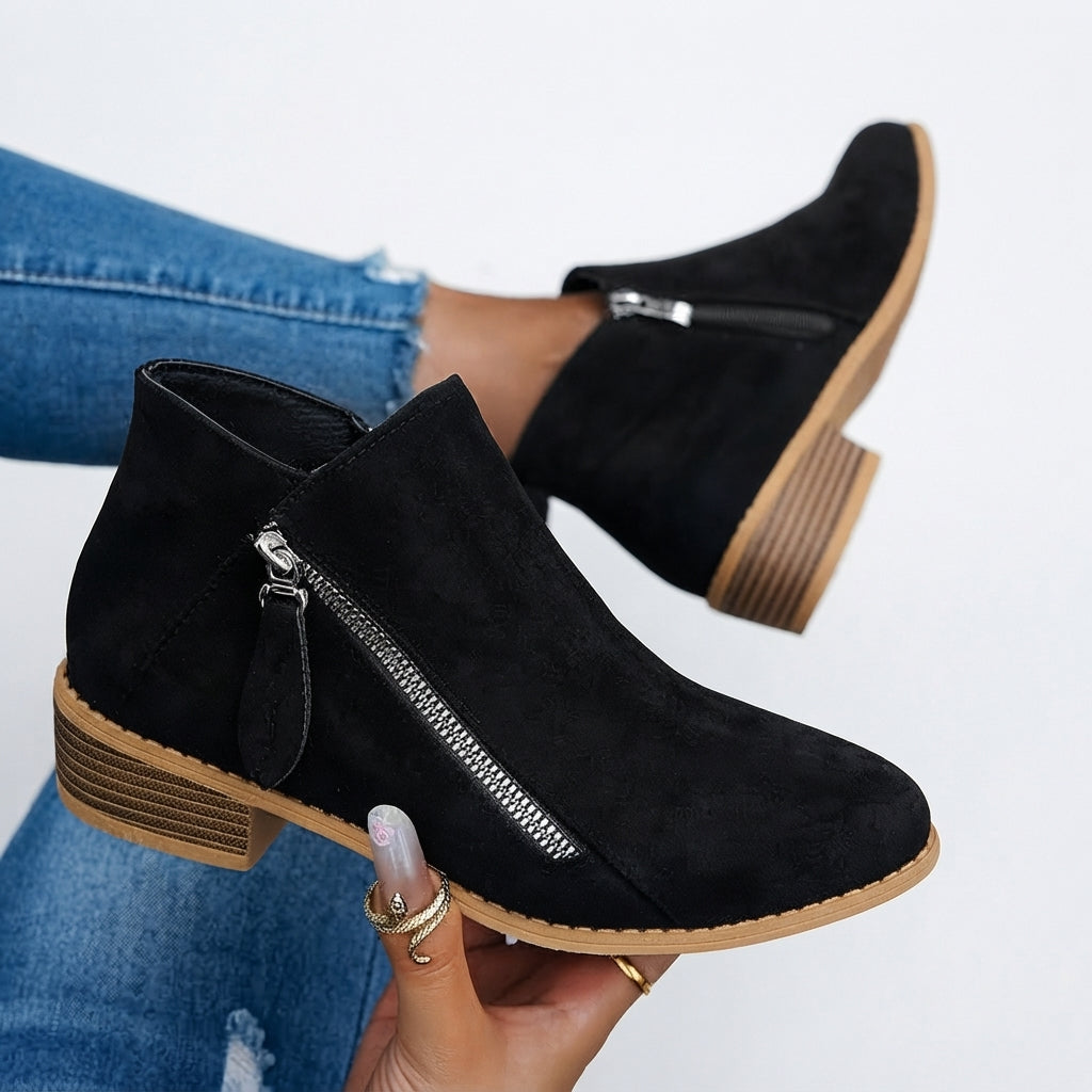Round Toe Ankle Boots, Stacked Block Heel Side Zip