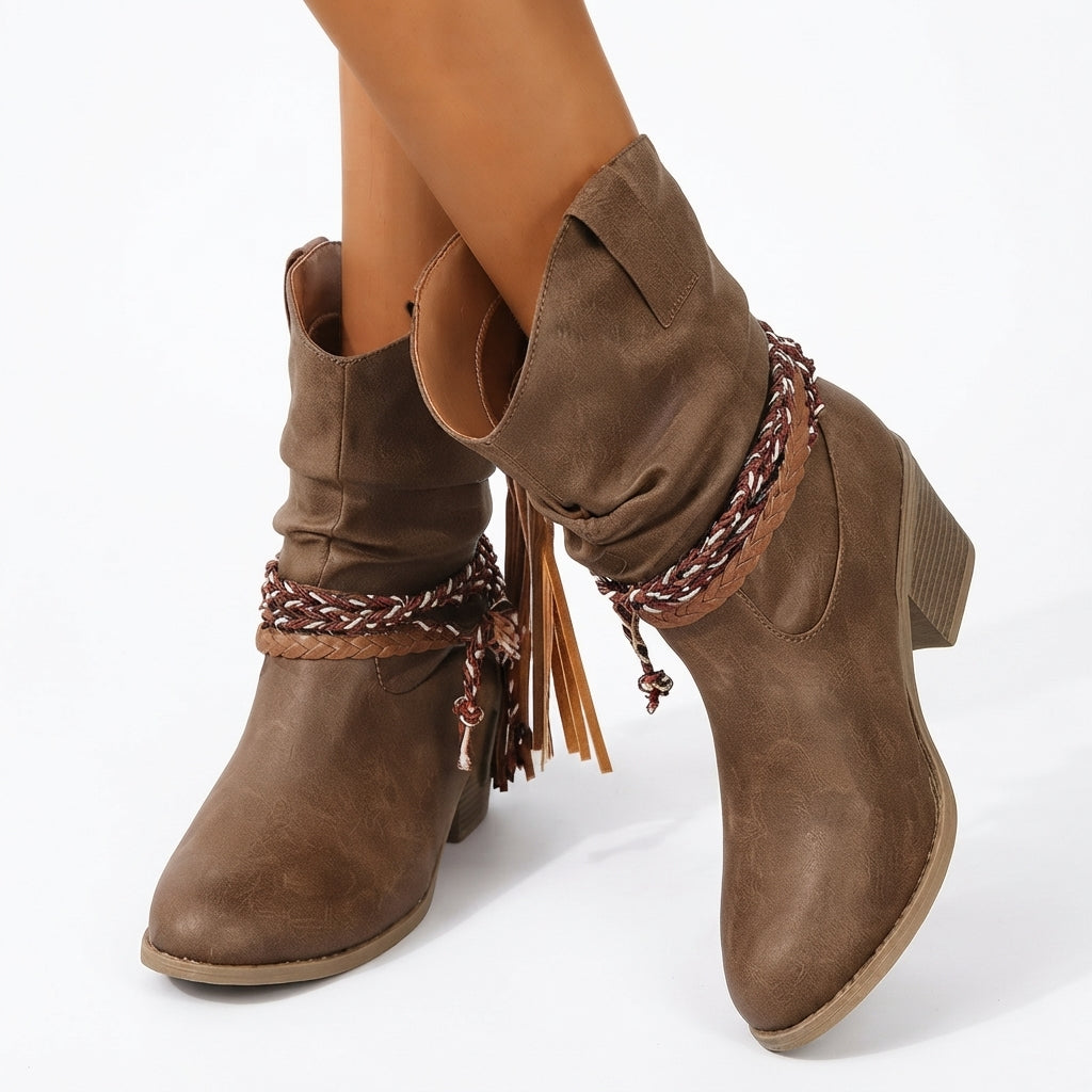 Slouch Western Boots, Braided Tassel Trim Block Heel