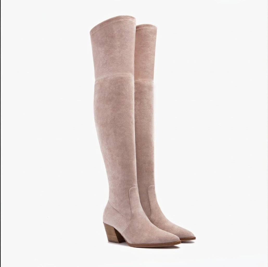 Stretch Over The Knee Boots, Beige Stacked Block Heel