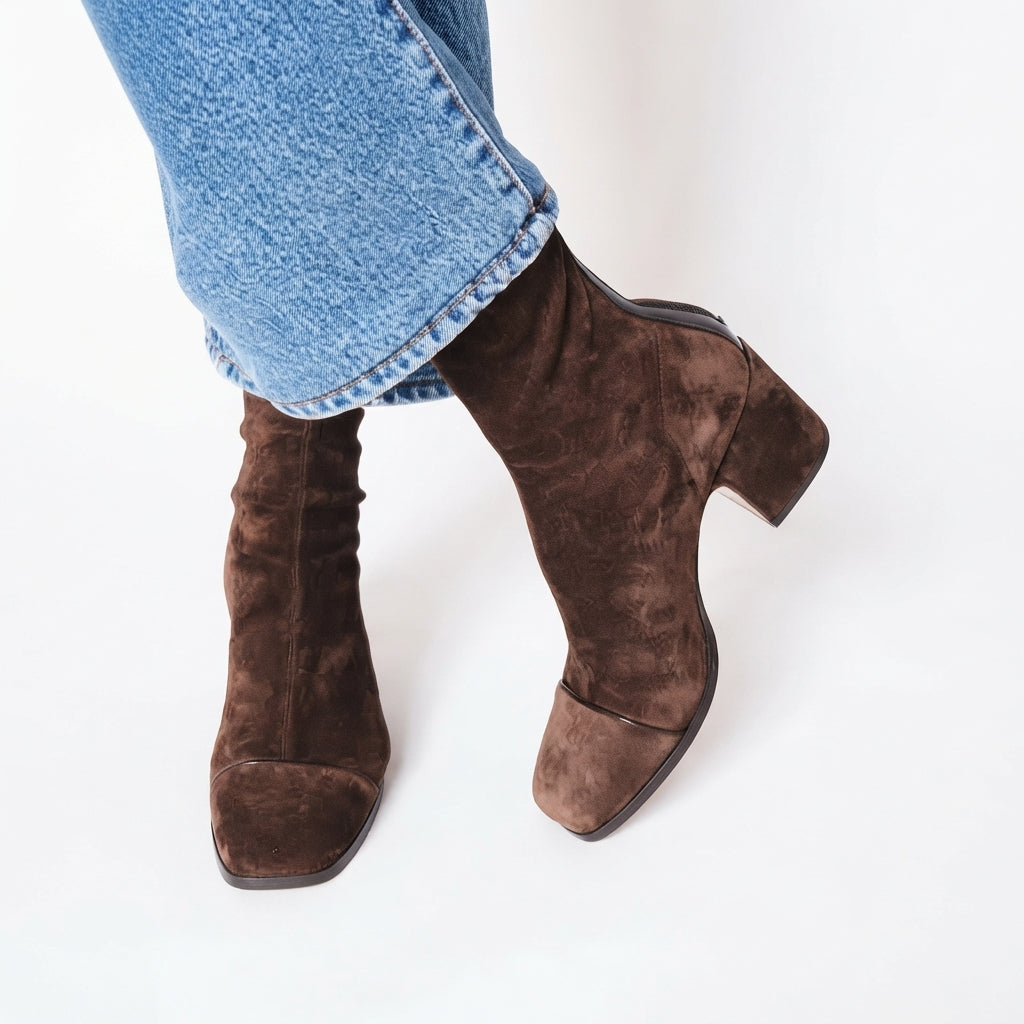 Suede Ankle Boots, Square Toe Block Heel Slouchy Shaft