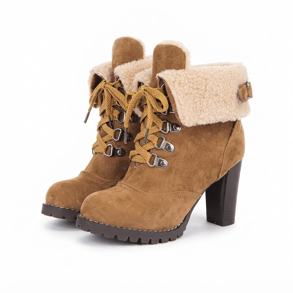 Faux Fur Collar Ankle Boots, Lace Up Chunky Block Heel