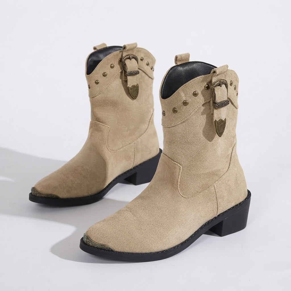 Mid Calf Cowboy Boots, Pointed Toe Studded Buckle Strap
