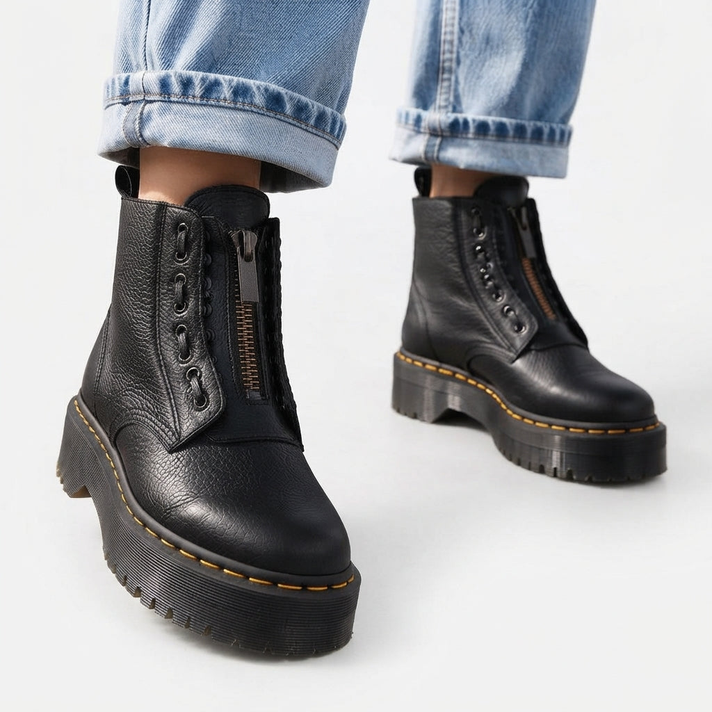 Front Zip Platform Combat Boots, Ridged Chunky Sole