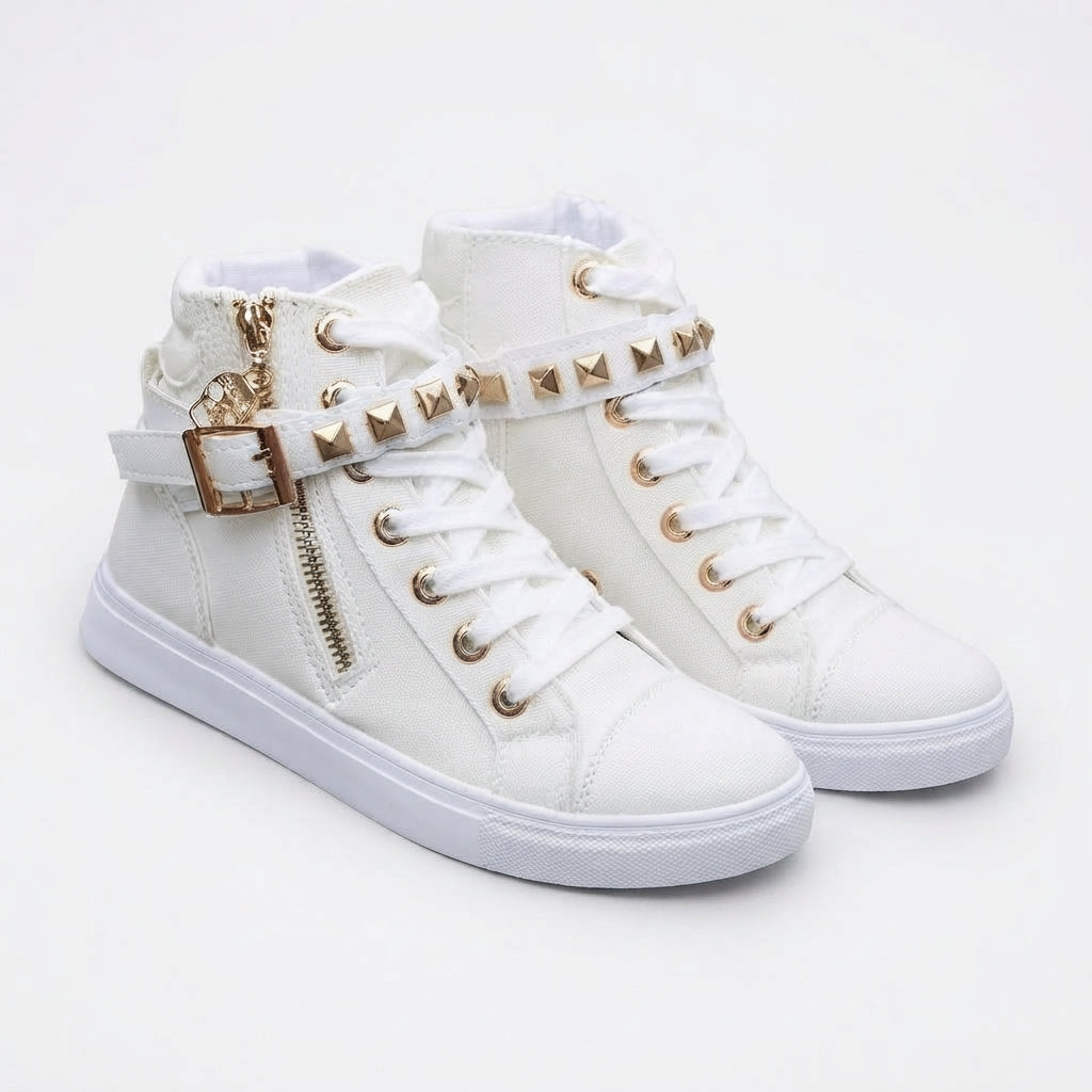 High-Top Studded Trainers, Canvas Side Zip Sneakers