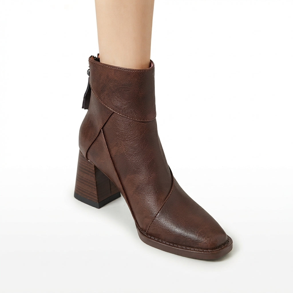 Leather-Look Ankle Boots, Side Zip Block Heel Style