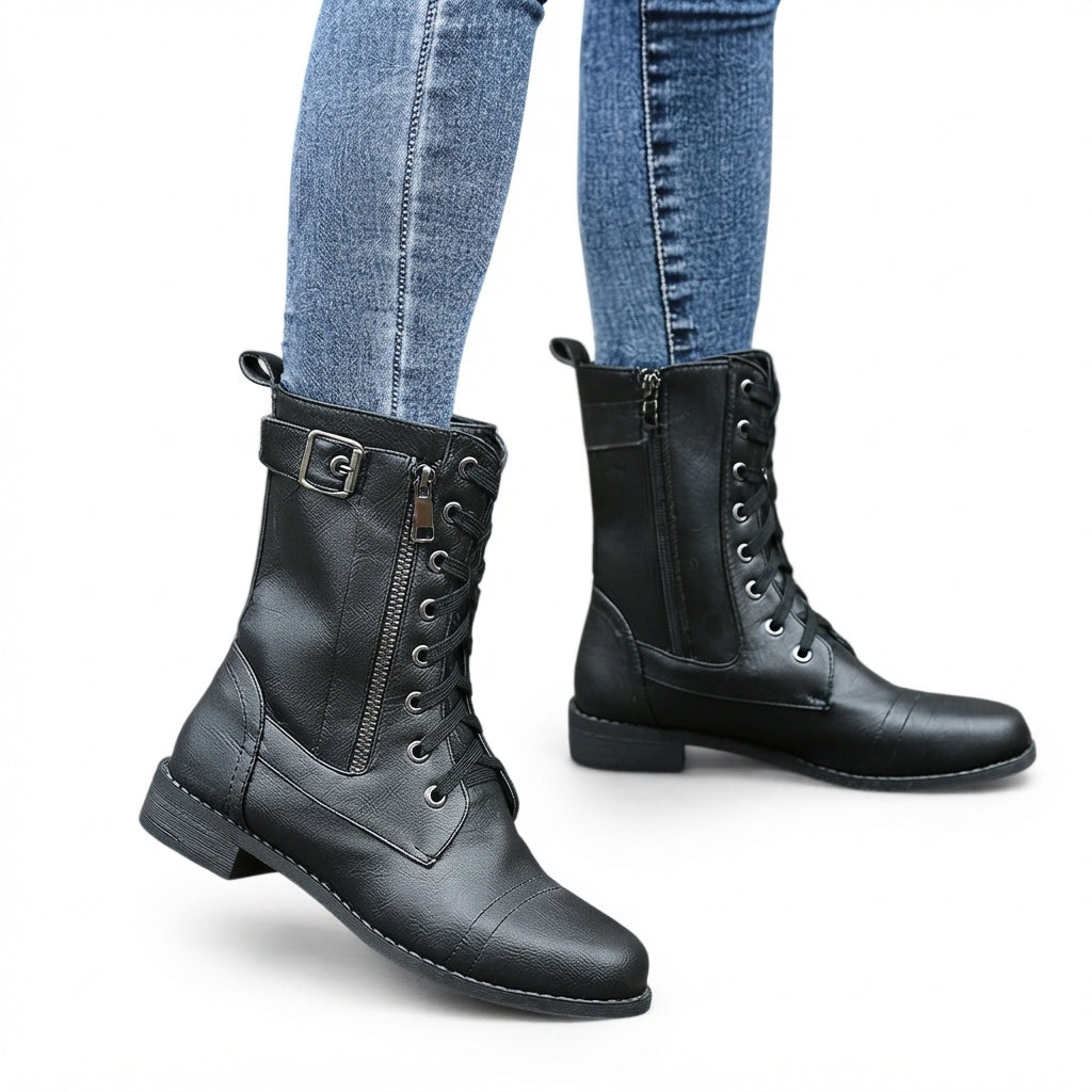 Faux Leather Biker Boots, Arch Support Buckle Strap