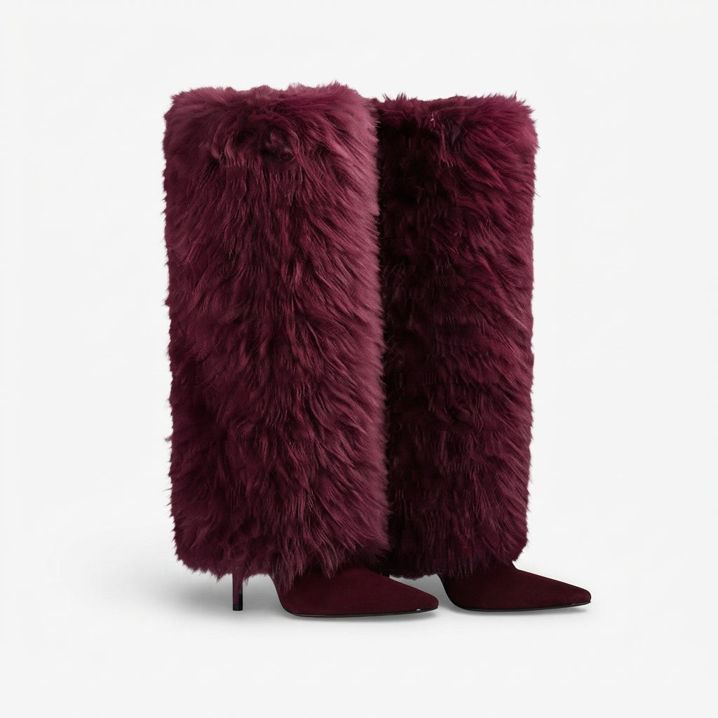 Faux Fur Knee High Boots, Stiletto Heel Pointed Toe