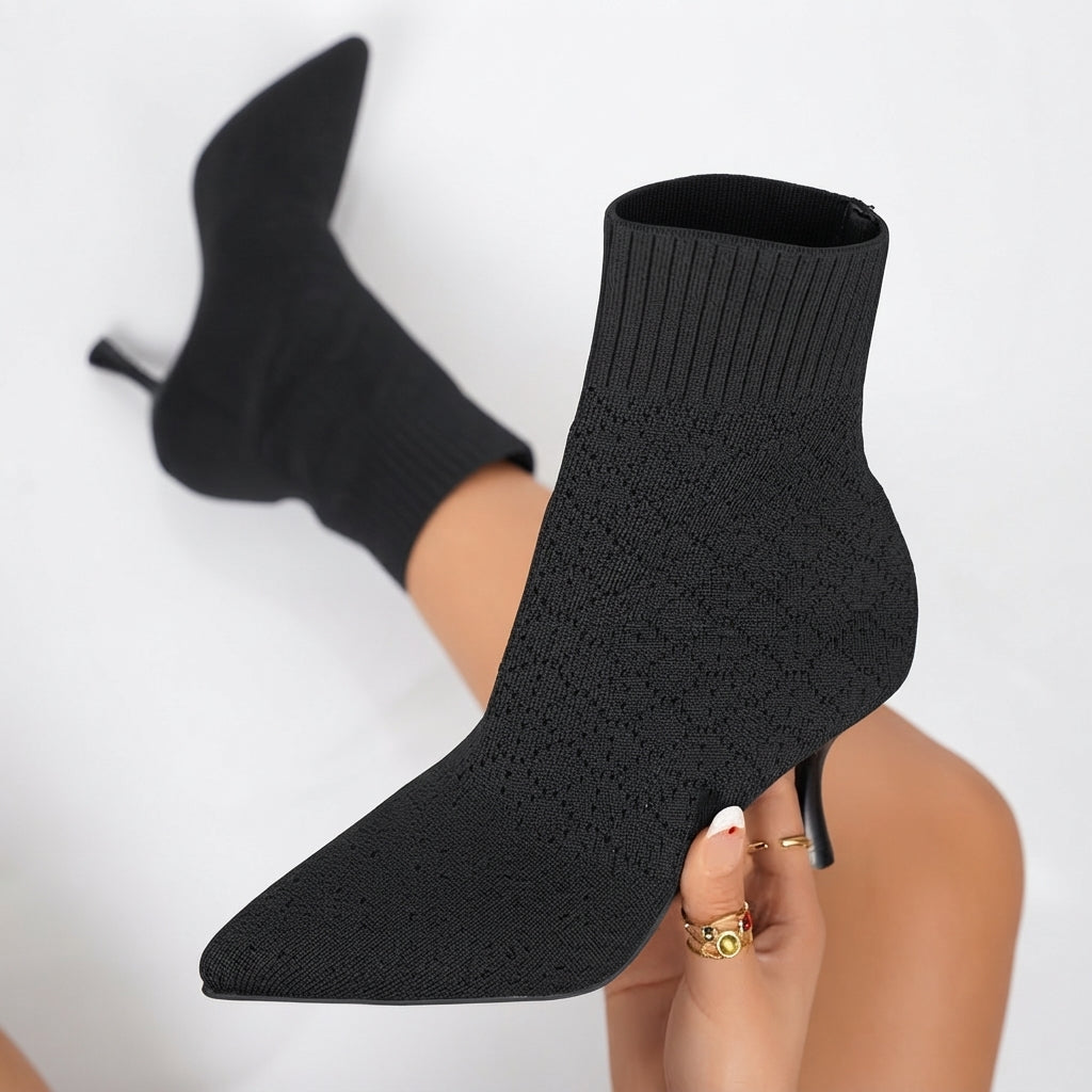 Stretch Knit Sock Boots, Pointed Toe Kitten Heel Pull On