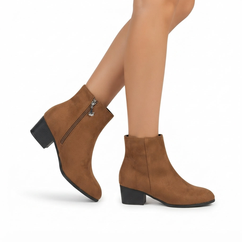 Suede Look Ankle Boots, Low Block Heel Side Zip Fit