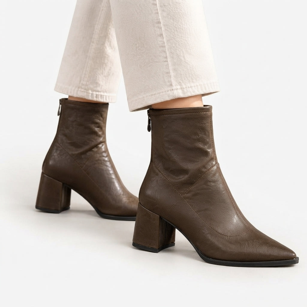 Pointed Toe Heeled Ankle Boots with Rear Zip Closure