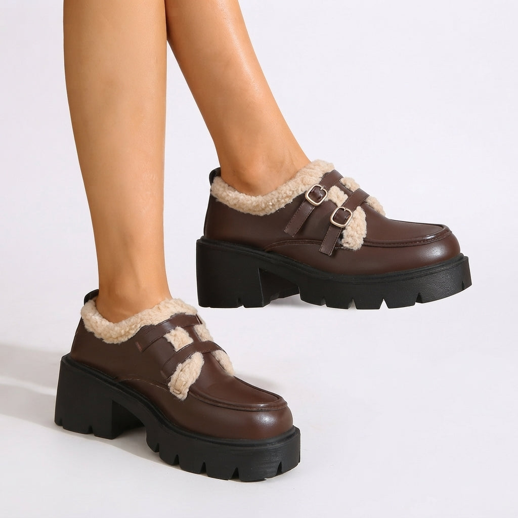 Platform Monk Strap Shoes, Sherpa Trim Double Buckle
