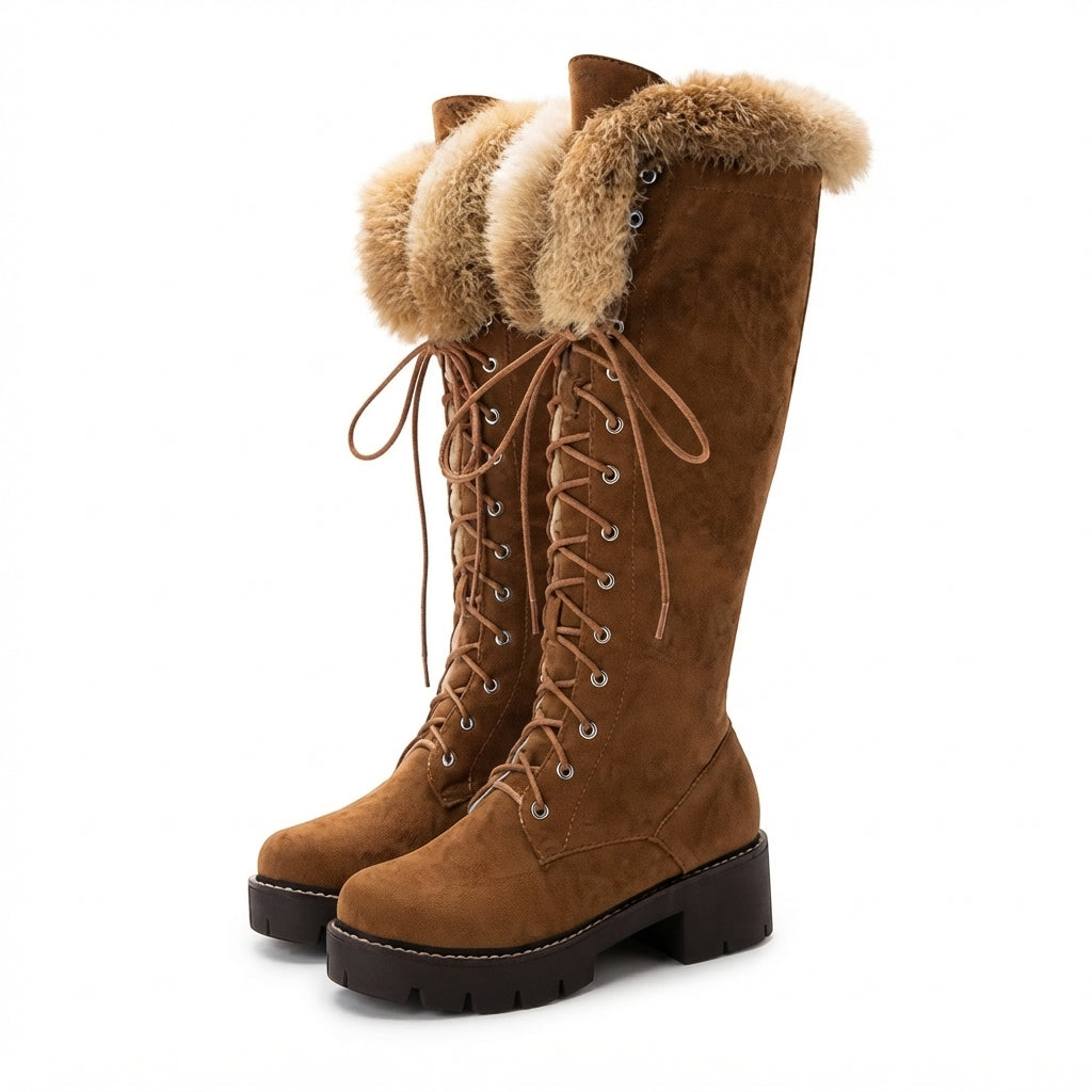Faux Fur Trim Knee High Boots, Lace Up Lug Sole Pair