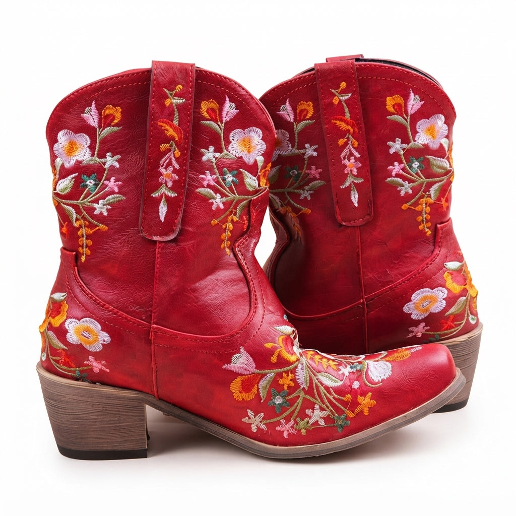 Waterproof Leather Cowboy Boots, Floral Embroidered