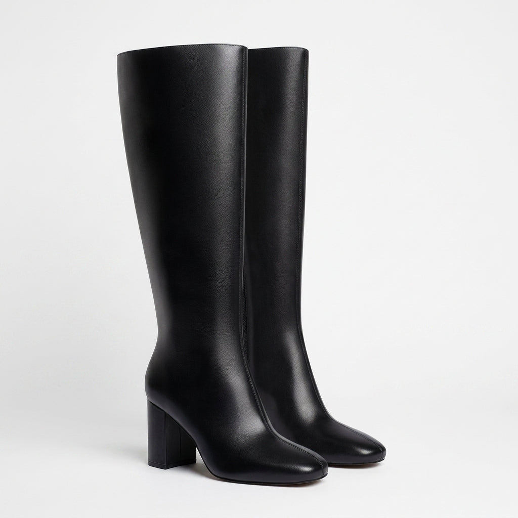 Heeled Knee High Leather Boots, Cushioned Side Zip