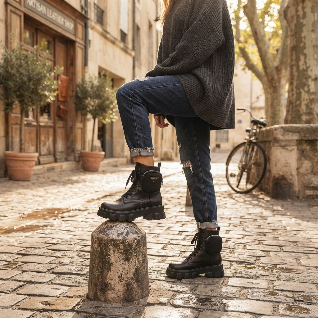 Platform Combat Boots with Detachable Utility Pouch