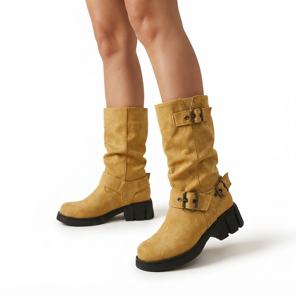 Buckle Strap Biker Boots, Chunky Lug Sole Cushioned