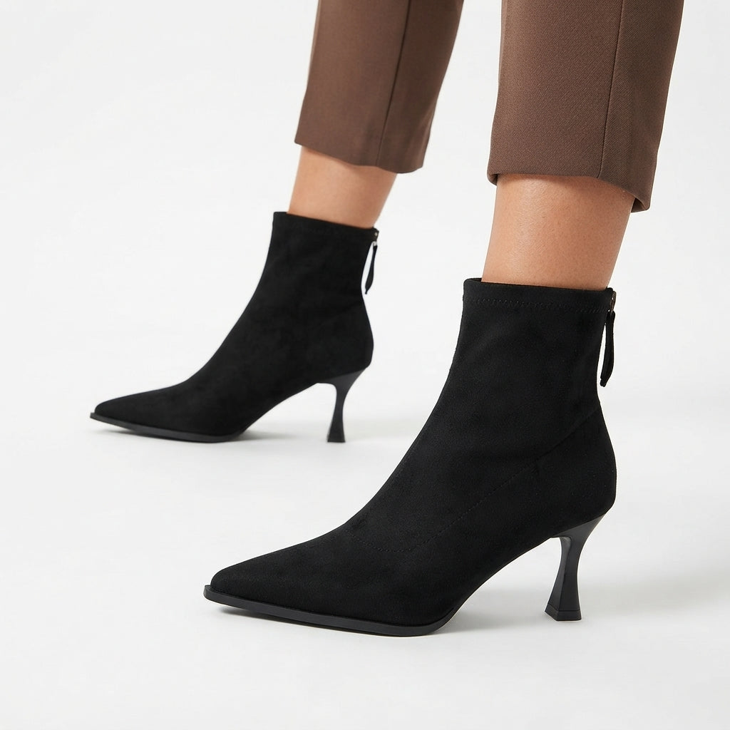 Suede-Look Pointed Toe Ankle Boots, Slim Tapered Heel