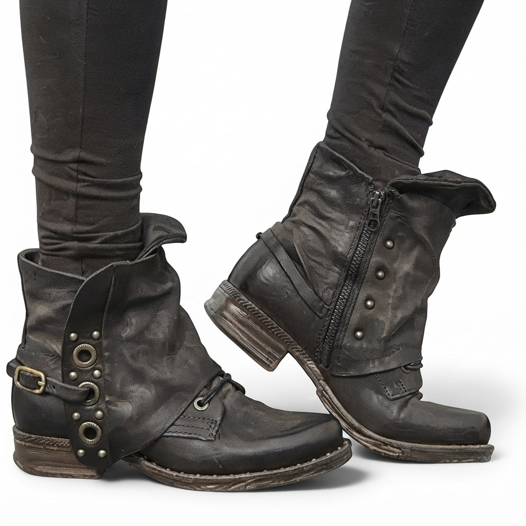 Slouch Leather Biker Boots, Arch Support Fold-Over