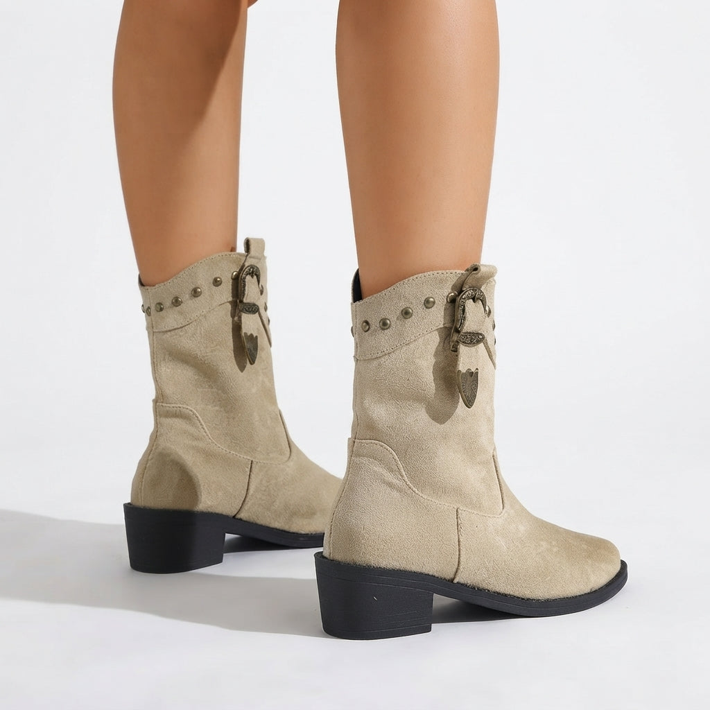 Mid Calf Cowboy Boots, Pointed Toe Studded Buckle Strap
