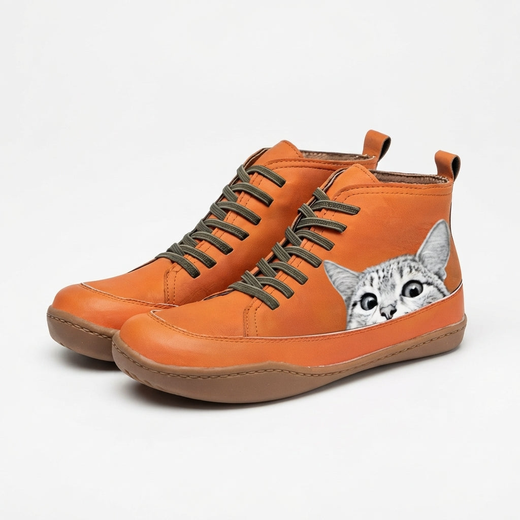 Cat Print Ankle Boots, Plush Lined Cushioned Insole