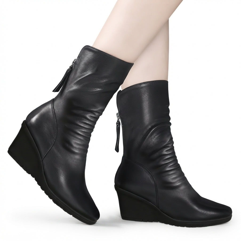 Mid Calf Slouch Leather Boots, Wedge Heel Side Zip