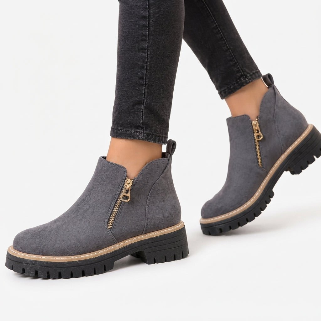 Suede Side Zip Ankle Boots, Chunky Lug Sole Low Heel