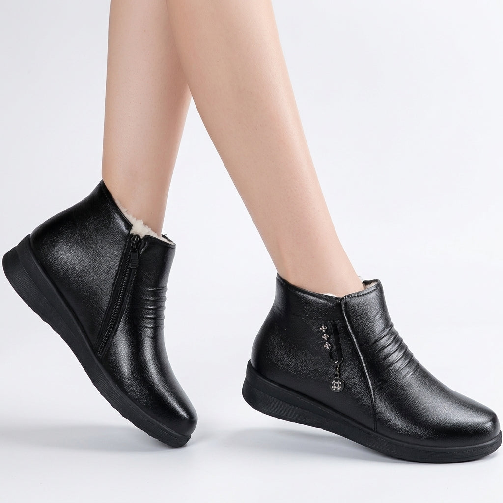 Shearling Lined Ankle Boots, Side Zip Low Block Heel
