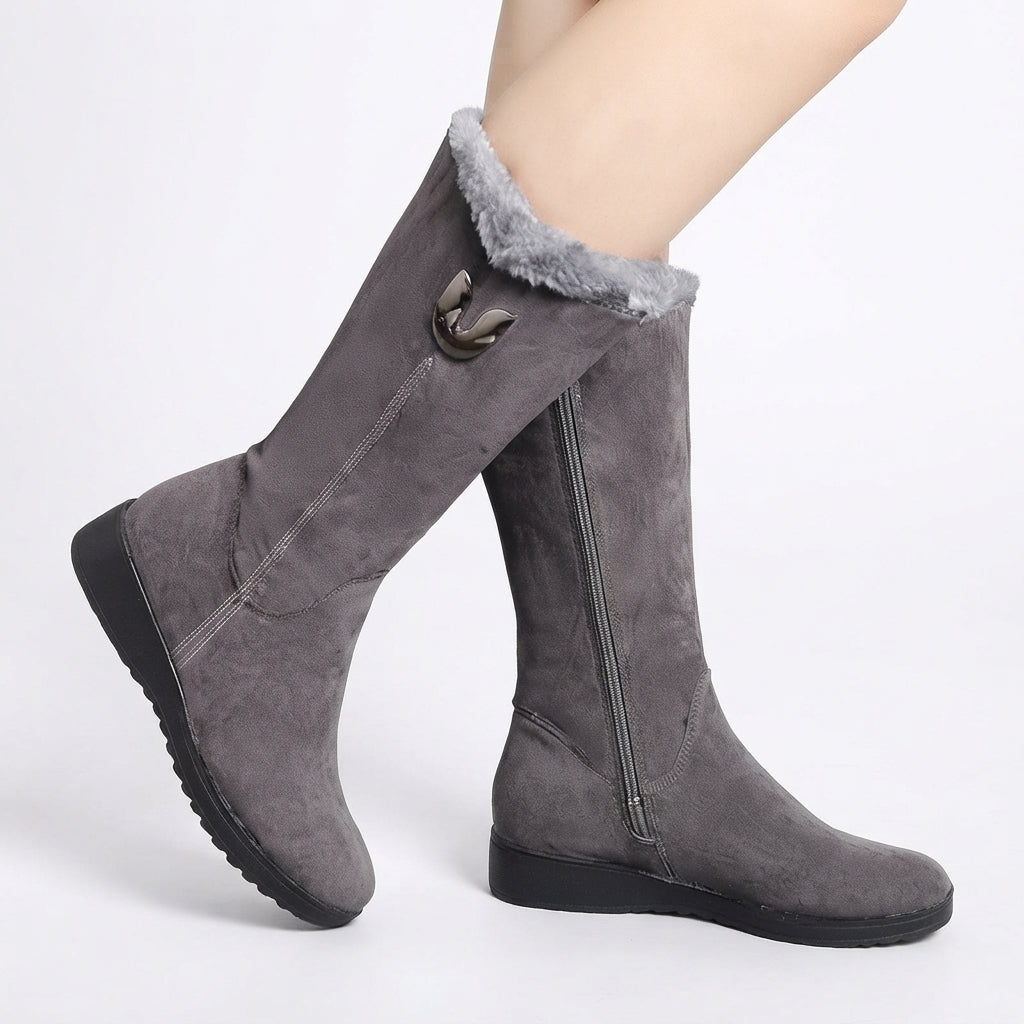 Fur Lined Knee High Boots, Side Zip Warm Tall Shaft